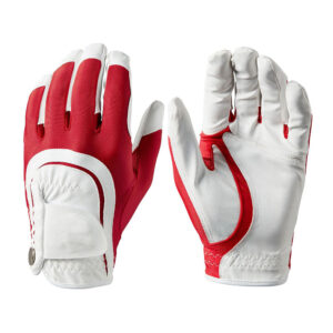 Wholesale Stylish Cabretta Leather Golf Gloves | Anti-Slip Full Finger Breathable Custom Logo Red & White Design
