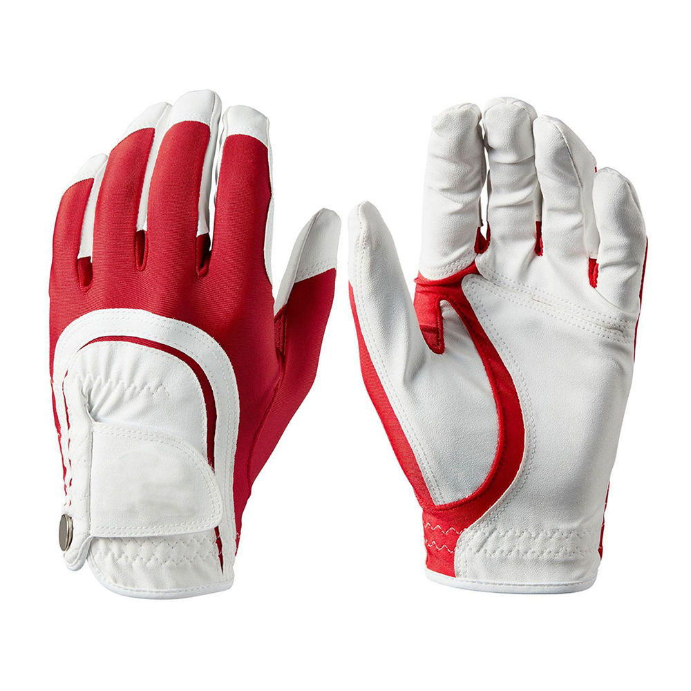 Wholesale Stylish Cabretta Leather Golf Gloves | Anti-Slip Full Finger Breathable Custom Logo Red & White Design